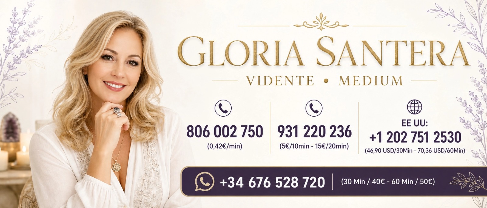 Gloria Santera, Vidente y Medium — 806 002 750 · 931 220 236 · +1 202 751 2530 · WhatsApp +34 613 056 404